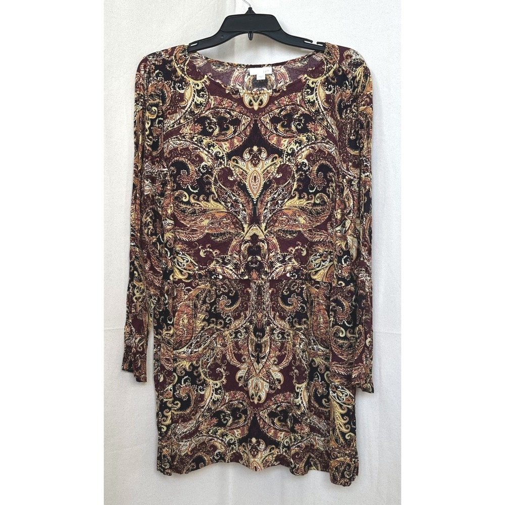 J. Jill Womens Earthy Boho Dark Fairy Paisley Tunic Top Size M Brown Multi Rayon